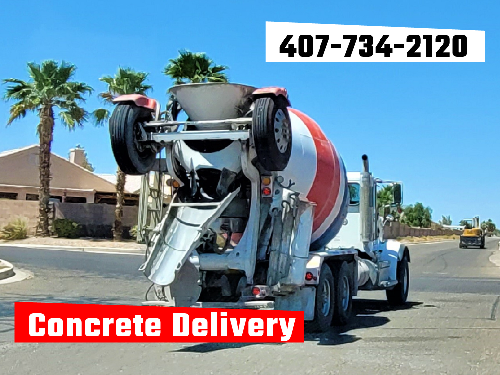 Professional concrete delivery truck driving through a residential neighborhood. Image features a red banner with the text 'Concrete Delivery' and a contact phone number: 407-734-2120.