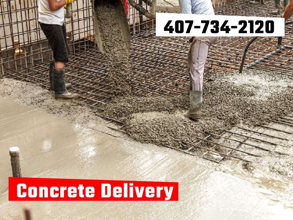 Professional concrete delivery truck with a red, white, and blue mixer drum driving through a residential neighborhood. Includes service number 407-734-2120.