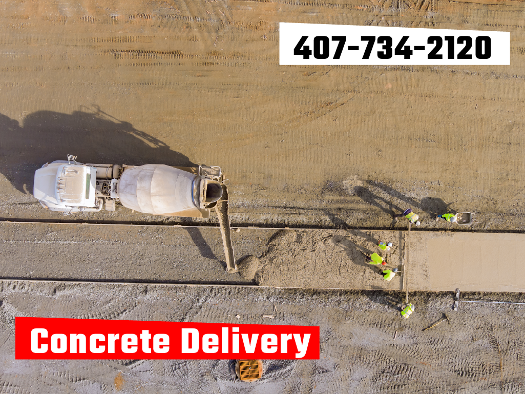 Concrete delivery truck driving through a neighborhood with palm trees. Image includes a red banner with 'Concrete Delivery' and phone number 407-734-2120.